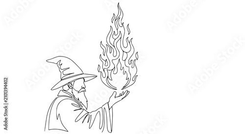 Foto Wizard conjuring fire with one line drawing, fantasy magic, mystical art