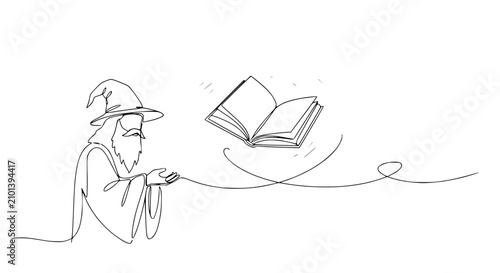 Foto Wizard conjuring book with magic, single line drawing