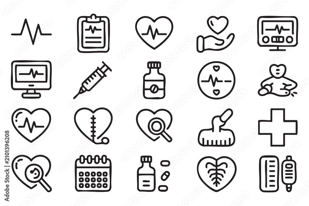 Fototapeta premium Medical Cardiology Line Icons with ECG, Heart Monitoring and Clinical Care Symbols