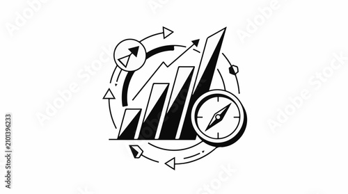 Abstract graphic depicting growth bars compass arrows and circular movement