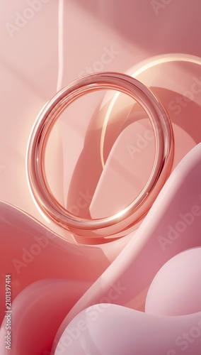 Elegant glossy pink ring podium for product display standing on a reflective surface against a soft draped silk fabric background with dramatic shadows.