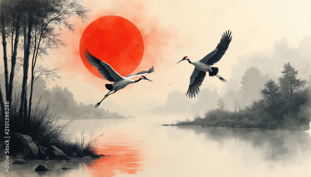 Fototapeta premium Two elegant cranes fly over calm river water at sunset time. Red sun glows behind misty forest, tall bamboo trees. Oriental ink wash style painting nature scenery with birds in air. Traditional asian