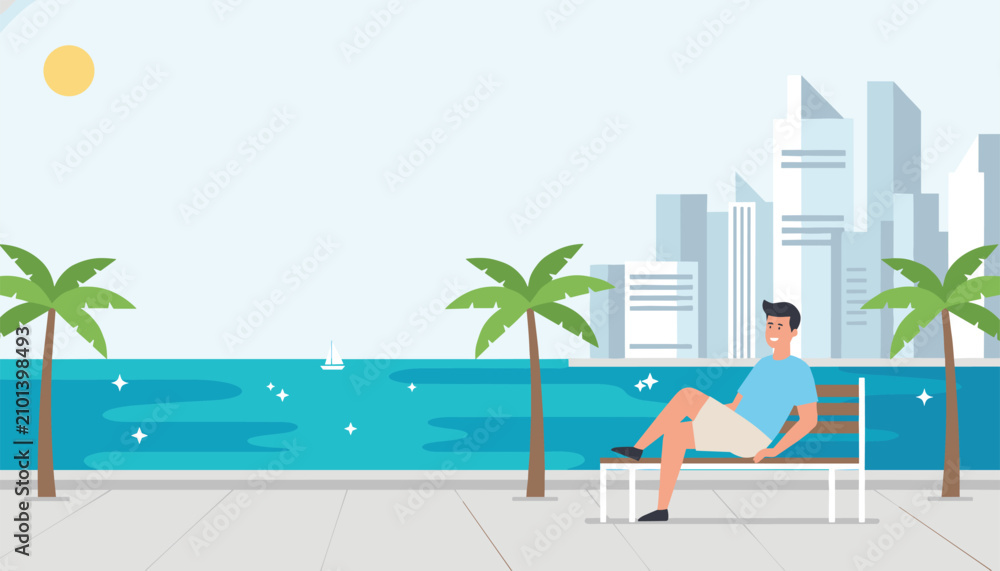 Fototapeta premium Man sitting on a bench along a coastal promenade with palm trees and a sunny city skyline reflecting a relaxing lifestyle and urban vacation vibes.