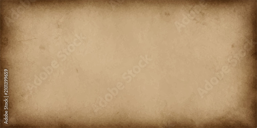 Abstract aged parchment paper background, cream and tan old texture, soft mottled staining and darkened worn borders, for menu, certificate, presentation and copy space.