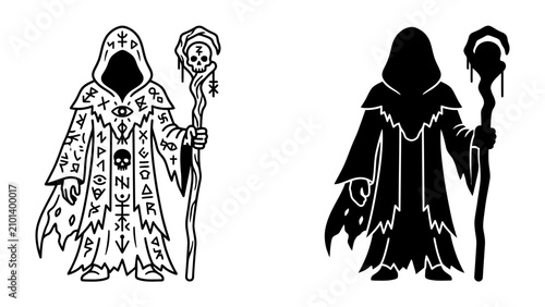 Slika na platnu Mystical Sorcerer and Shadow Figure: A hooded sorcerer adorned with occult symbols and holding a mystical staff stands beside a stark silhouette of a similar figure