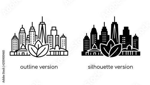Bild auf Leinwand Green City Skyline: A harmonious blend of urban development and nature, represented by a stylized cityscape with lush, leafy elements