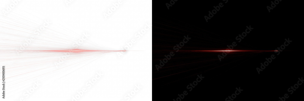 Obraz premium Abstract red light speed effect with glowing horizontal motion lines. Digital flare, lens streak and velocity rays on white background for futuristic tech motion graphics, branding
