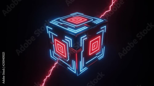 Cinematic 3D animation of a high-tech AI cube illuminated by vibrant neon circuits