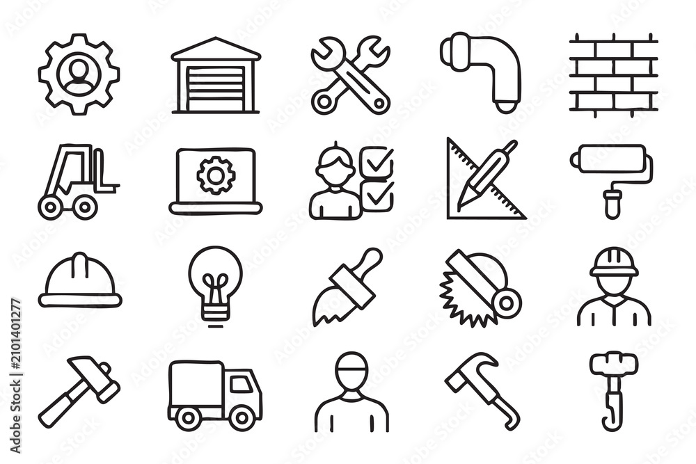 Fototapeta premium Industrial Maintenance Outline Icons with Technicians, Tools and Machinery