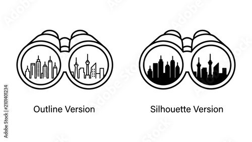 Quadro su tela Binoculars with Cityscape Reflection: Two pairs of binoculars, one in outline and one in silhouette, each reflecting a distinct cityscape, symbolizing observation, vision, and urban exploration
