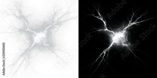 Fotografi Abstract electric lightning discharge on white background, glowing plasma energy burst with branching fractal tendrils