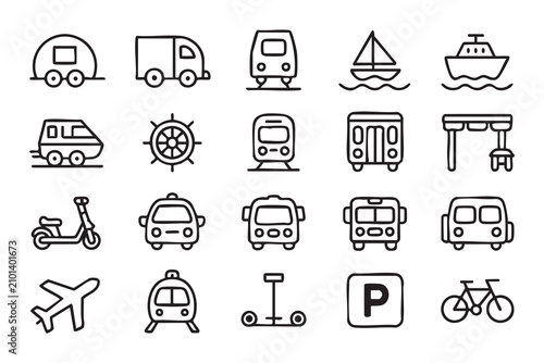Transportation Outline Icons with Cars, Buses, Trains, Ships and Airplanes