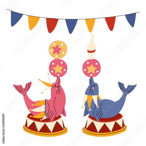 Hand drawn illustration of cute circus trained fur seals performing tricks with balancing balls and a pin under flag garlands isolated on a white background. Flat contour vector or festival design