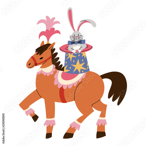Hand drawn illustration of a cute circus trained horse performing with a magic rabbit sitting inside a magician top hat isolated on white background. Flat contour artwork, perfect for kids celebration