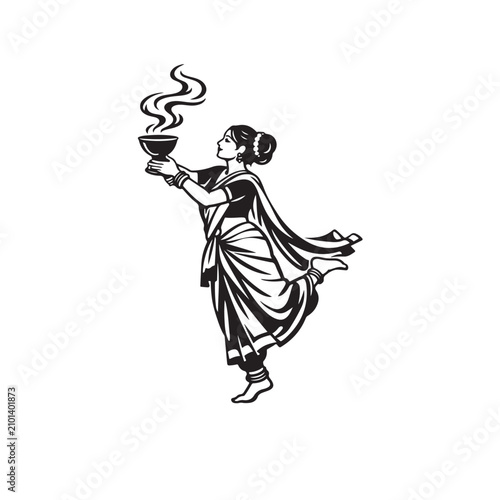 Traditional Dhunuchi Dance Woman Bengali Festival Line Art Vector Illustration
