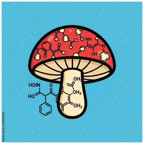 Fotografie Psychedelic mushroom with chemical formula.