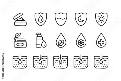 Billede på lærred Skincare Outline Icons with Moisturizer, Hydration and Sun Protection Symbols