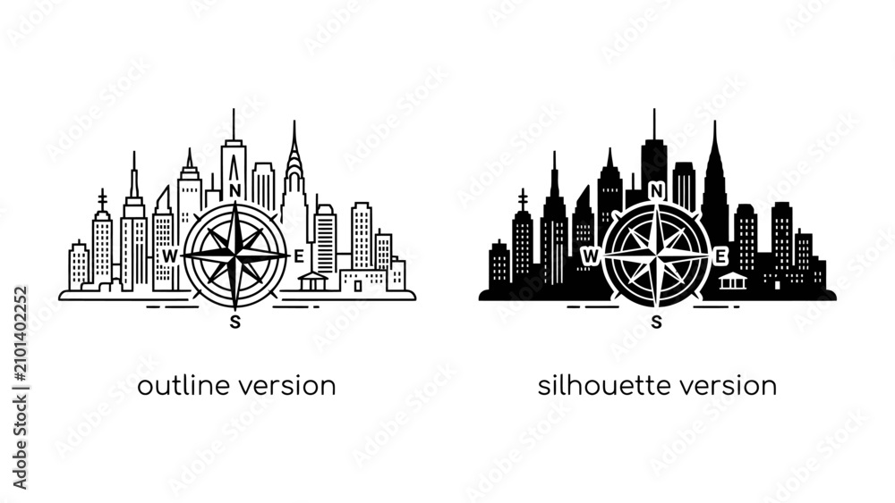 Obraz premium Cityscape with Compass: A graphic representation of a cityscape presented in both outline and silhouette versions, overlaid with a compass rose, symbolizing exploration and urban navigation.