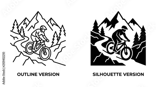 фотографія Mountain Biker: A dynamic illustration of a cyclist navigating a challenging mountain trail, featuring both an outline and silhouette version against a backdrop of rugged peaks and pine trees