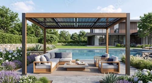 A modern outdoor pergola with integrated solar panels and comfortable seating area beside a swimming pool in a