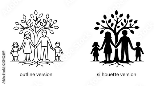 Obraz na płótnie Family Tree Icons: Two distinct illustrations depicting a family as a tree, one in outline and the other in silhouette, symbolizing growth, connection, and lineage