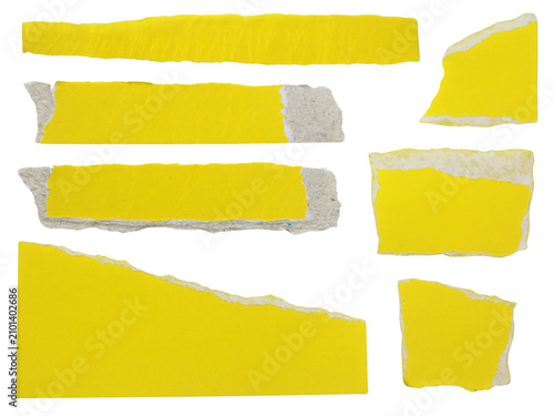 Pieces of torn or cut yellow paper, design elements isolated on transparent background.