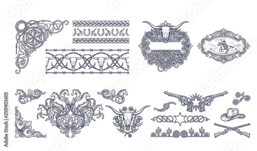 Foto Vintage Western Ornamental Dividers and Borders with Longhorn Skull and Galloping Horses Flourishes for Antique Cowboy Graphic Design Elements Collection