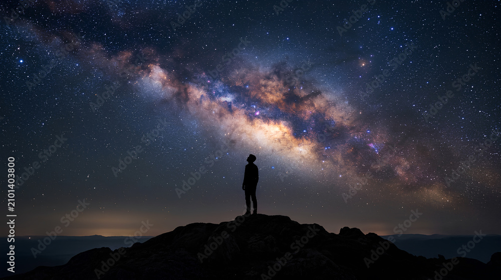 Fototapeta premium Inspiring Silhouette of Adventurer on Mountain Summit Under the Breathtaking Milky Way Starry Night Sky