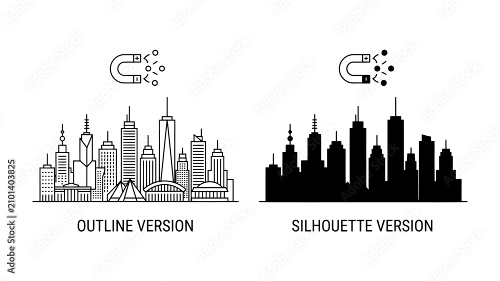 Fototapeta premium Cityscape Options: A visual comparison showcasing an outline and silhouette version of a cityscape, alongside a graphic representation of a magnet attracting particles.