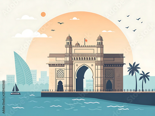Gateway of India, Mumbai, Indo-Saracenic stone arch beside the sea, modern vector style. modern minimal vector illustration