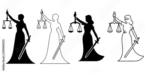 Cuadro en lienzo Lady Justice holding scales and sword with blindfold in elegant black line art r
