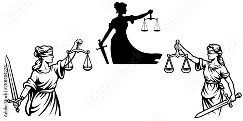 Obraz na płótnie Lady Justice holding scales and sword with blindfold in elegant black line art r