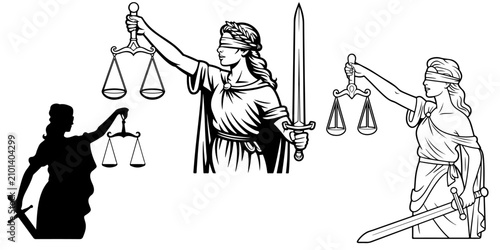 Cuadro en lienzo Lady Justice holding scales and sword with blindfold in elegant black line art r
