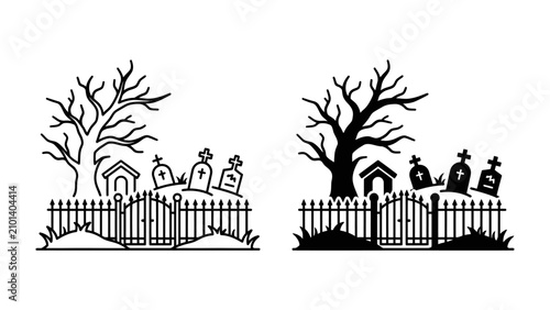 Spooky Graveyard Scene: A haunted graveyard scene featuring weathered tombstones, a creaky fence, and a barren, spooky tree. This image evokes a sense of mystery and the supernatural.
