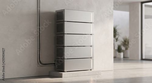 Stacked modular home battery units against a minimal wall with clean side lighting and premium sustainable technology