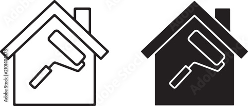 Two house-shaped with wrench and paintbrush symbols renovation tool