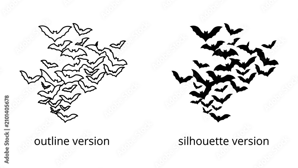 Fototapeta premium A Swarm of Bats: Two graphic illustrations of a swarm of bats, one in outline and the other in silhouette, conveying a sense of movement and mystery.