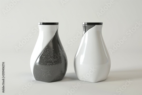 Two elegant modern ceramic decorative vases featuring smooth glossy surfaces with artistic black and white patterns standing in a studio setting captured on white background