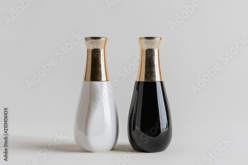 Two elegant modern decorative vases featuring sleek glossy black and white ceramic bodies with metallic gold textured necks standing side by side on white background