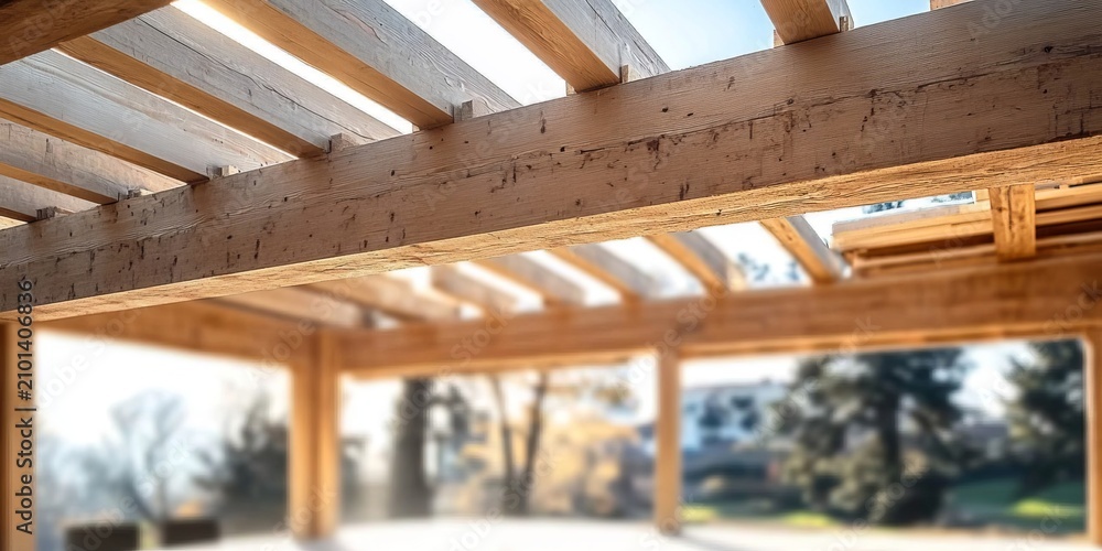 Fototapeta premium Unfinished timber frame wooden pavilion construction framework for outdoor living space development
