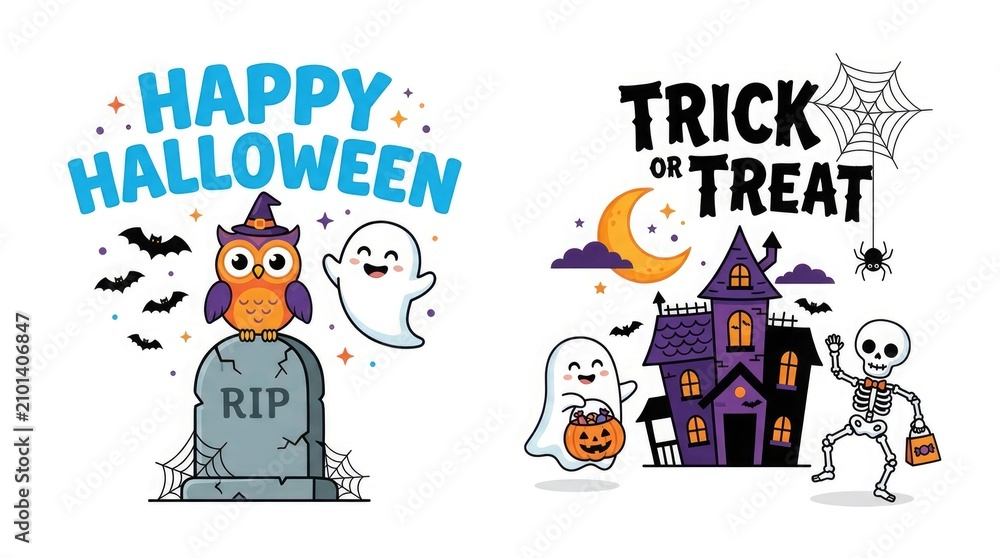 Fototapeta premium Festive halloween illustrations spooky characters and holiday greetings for seasonal designs