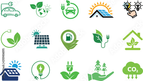 Eco friendly energy concept collection with solar panels electric vehicles and green technology.