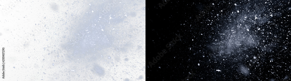Fototapeta premium Falling snow particles and blizzard effect, soft winter atmosphere with swirling snowflakes on white background. Abstract weather texture for holiday design, seasonal overlay, and
