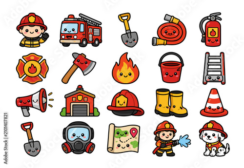 Firefighter equipment and rescue tools vector set. Emergency response gear collection for safety and disaster preparedness.
