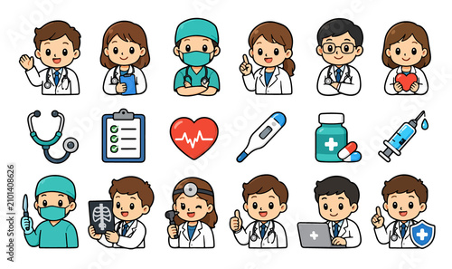 Diverse healthcare professionals in medical roles illustration. Flat design vector team of doctors, nurses, and specialists with medical icons.
