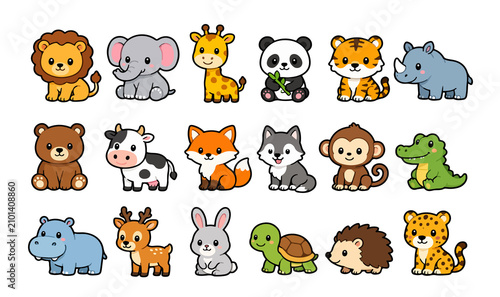 Cute cartoon animals set for kids design projects. Adorable vector wildlife collection for children's educational materials.