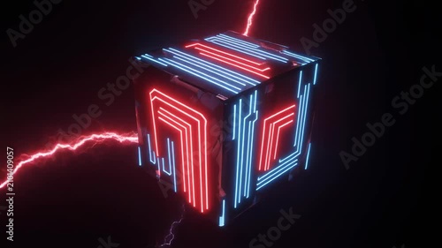 Cinematic 3D animation of a high-tech AI cube illuminated by vibrant neon circuits