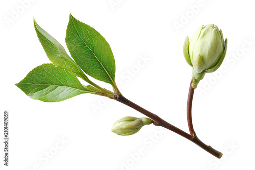Fresh green leaves and delicate flower buds on a woody stem captured in high resolution studio lighting with sharp detail and vibrant colors on white background