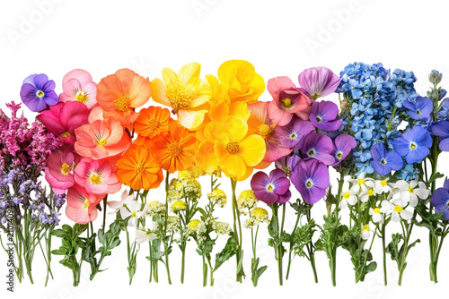 Vibrant arrangement of colorful spring flowers featuring a rainbow spectrum of blooming petals arranged in a decorative row isolated against a clean simple on white background