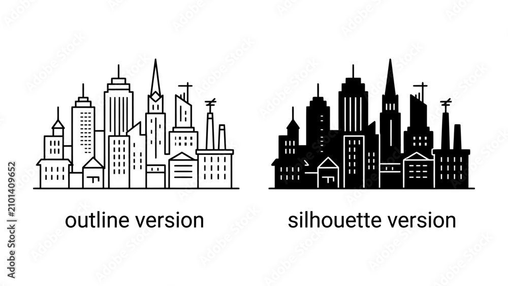 Fototapeta premium Cityscape Icons: A set of stylized city skyline icons, presented in both an outline and a silhouette version, depicting a collection of modern and traditional buildings.